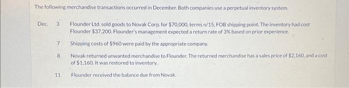 The Following Merchandise Transactions Occurred In December Both Companies Use A Perpetual Inventory System Flounder L 1