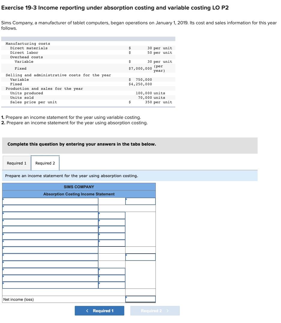 Exercise 19 3 Income Reporting Under Absorption Costing And Variable Costing Lo P2 Sims Company A Manufacturer Of Table 1