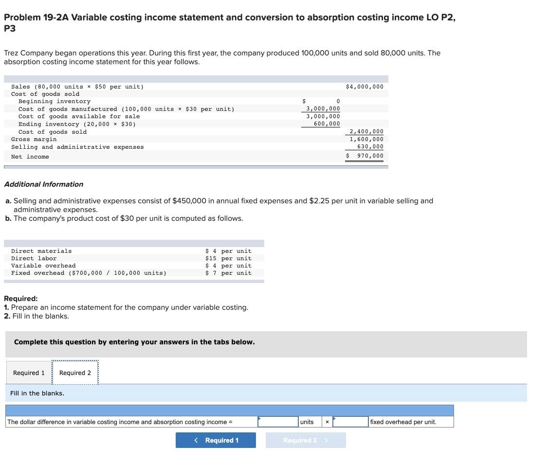 Problem 19 2a Variable Costing Income Statement And Conversion To Absorption Costing Income Lo P2 P3 Trez Company Began 1