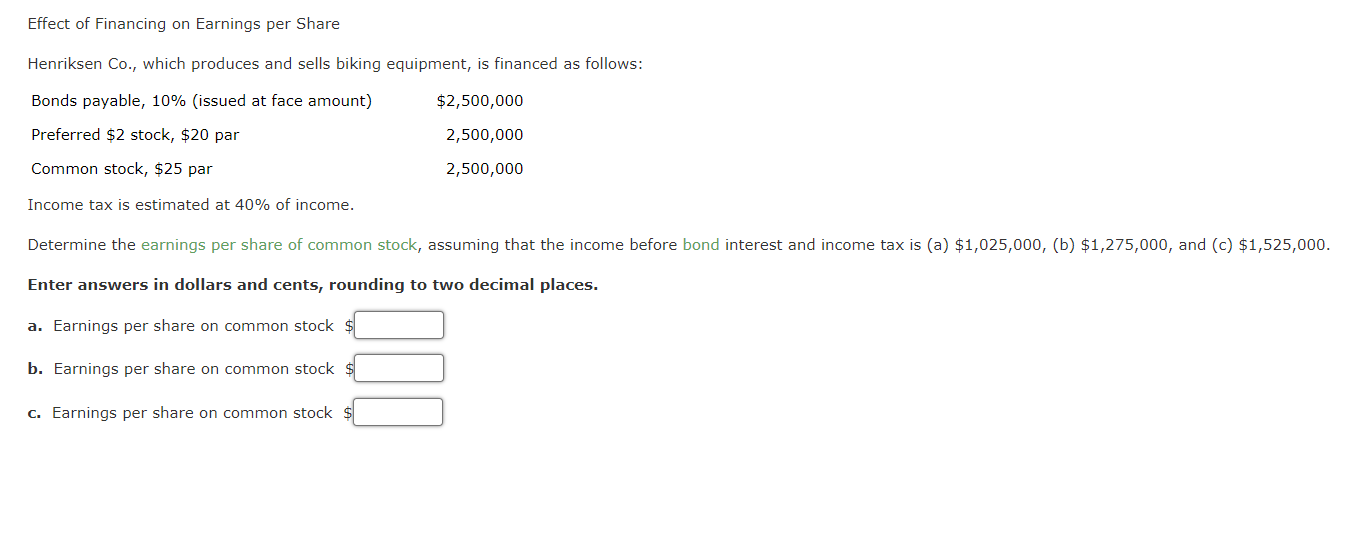 Effect Of Financing On Earnings Per Share Henriksen Co Which Produces And Sells Biking Equipment Is Financed As Follo 1