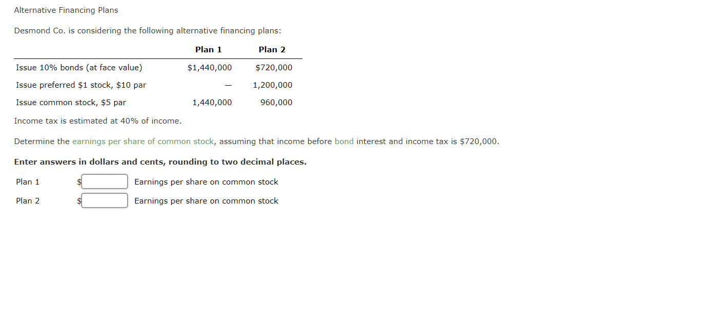 Alternative Financing Plans Desmond Co Is Considering The Following Alternative Financing Plans Plan 2 720 000 1 200 1