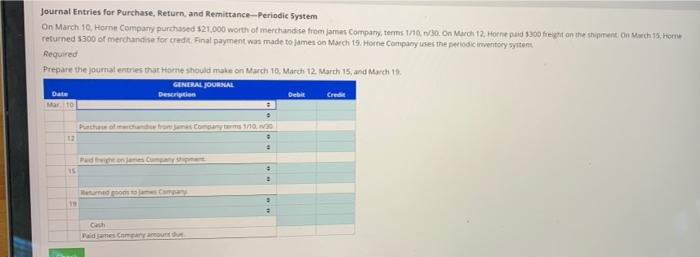 Journal Entries For Purchase Return And Remittance Periodic System On March 10 Home Company Purchased 21 000 Worth O 1