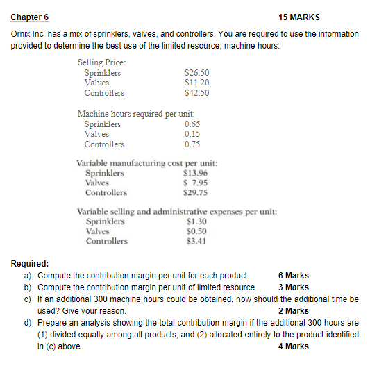 Chapter 6 15 Marks Ornix Inc Has A Mix Of Sprinklers Valves And Controllers You Are Required To Use The Information 1