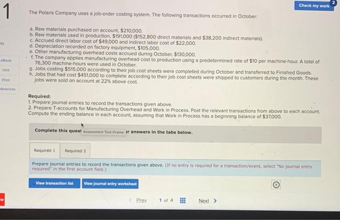1 Ts Ebook Hint Print Ferences W The Polaris Company Uses A Job Order Costing System The Following Transactions Occurre 1