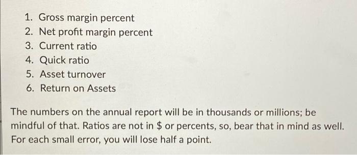 1 Gross Margin Percent 2 Net Profit Margin Percent 3 Current Ratio 4 Quick Ratio 5 Asset Turnover 6 Return On Asse 1