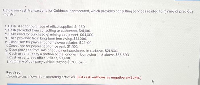 Below Are Cash Transactions For Goldman Incorporated Which Provides Consulting Services Related To Mining Of Precious M 1