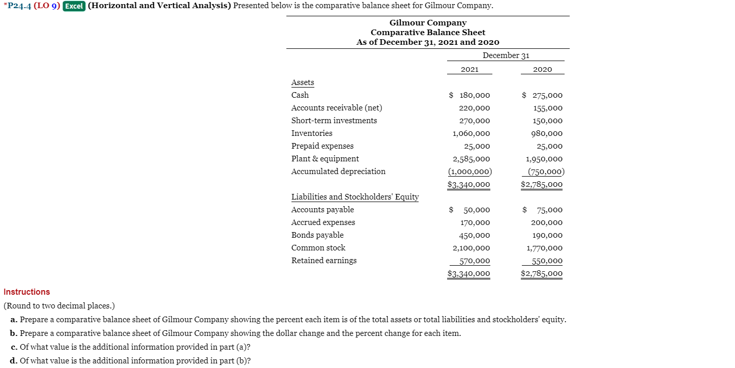P24 4 Lo 9 Excel Horizontal And Vertical Analysis Presented Below Is The Comparative Balance Sheet For Gilmour Comp 1