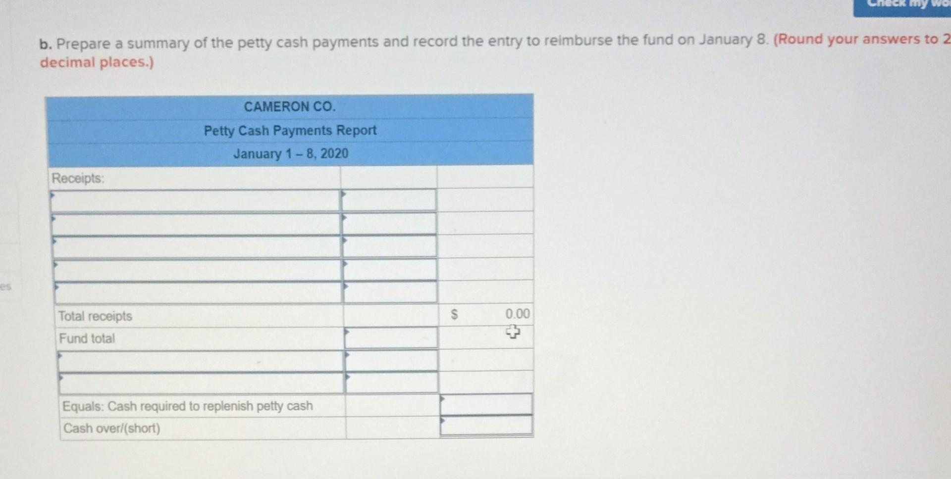 Cameron Co Established A 152 Petty Cash Fund On January 1 2020 One Week Later On January 8 The Fund Contained 29 3