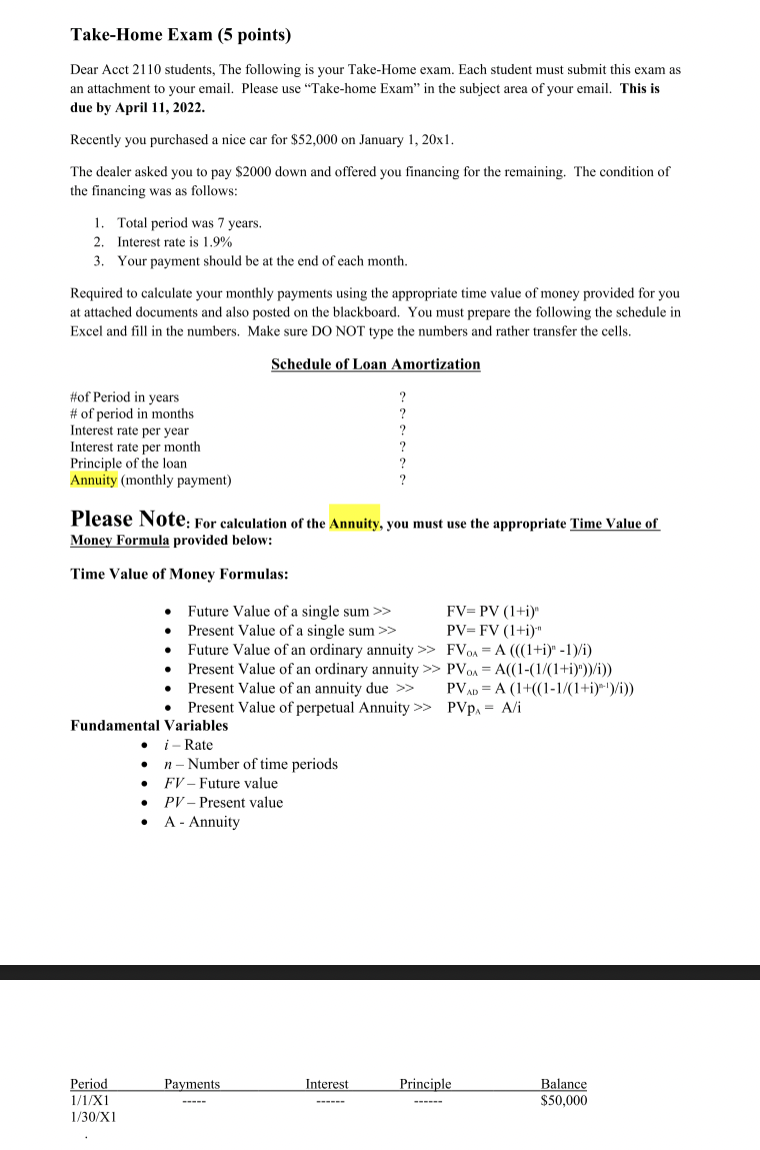 Take Home Exam 5 Points Dear Acct 2110 Students The Following Is Your Take Home Exam Each Student Must Submit This E 1