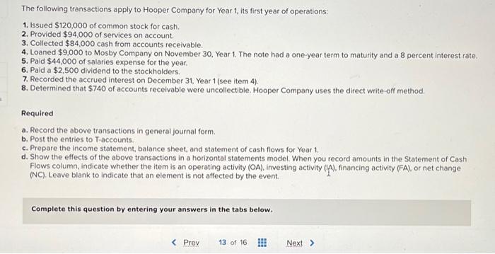 The Following Transactions Apply To Hooper Company For Year 1 Its First Year Of Operations 1 Issued 120 000 Of Commo 1