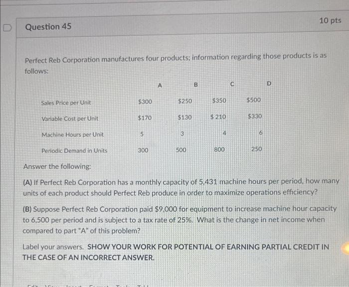 Question 45 Perfect Reb Corporation Manufactures Four Products Information Regarding Those Products Is As Follows Sale 1