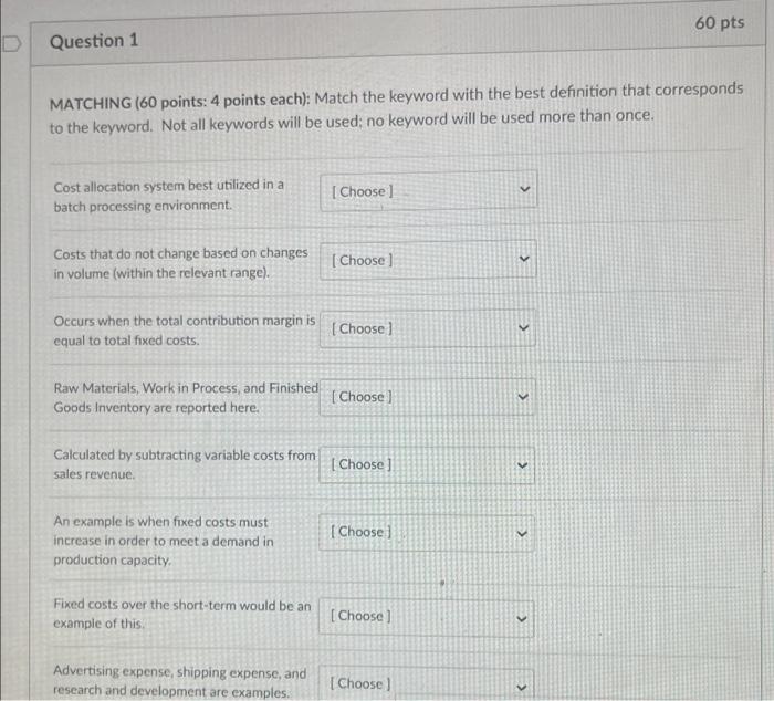 Question 1 Matching 60 Points 4 Points Each Match The Keyword With The Best Definition That Corresponds To The Keywo 1