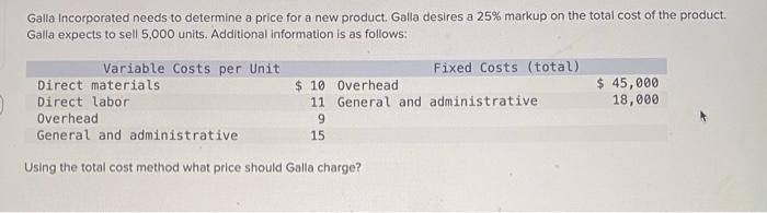 Galla Incorporated Needs To Determine A Price For A New Product Galla Desires A 25 Markup On The Total Cost Of The Pro 1