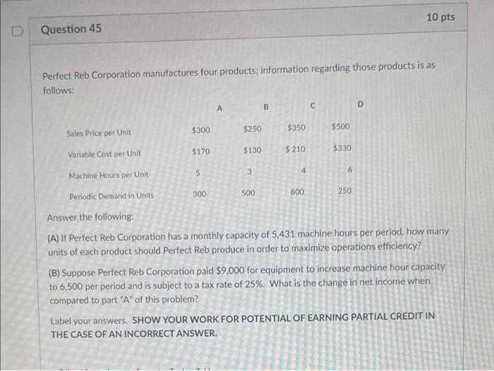 Question 45 Perfect Reb Corporation Manufactures Four Products Information Regarding Those Products Is As Follows Sale 1