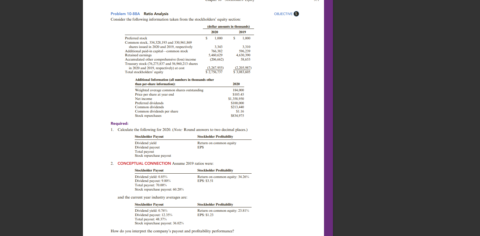 Problem 10 88a Ratio Analysis Consider The Following Information Taken From The Stockholders Equity Section Preferred 1