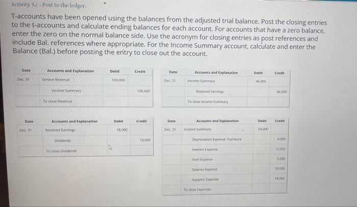 Activity 3 C Post To The Ledger T Accounts Have Been Opened Using The Balances From The Adjusted Trial Balance Post Th 1