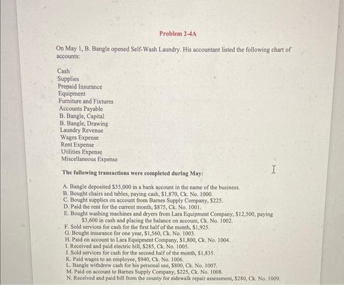 Problem 2 4a On May 1 B Bangle Opened Self Wash Laundry His Accountant Listed The Following Chart Of Accounts Cash S 1