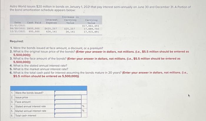 Astro World Issues 20 Million In Bonds On January 1 2021 That Pay Interest Semi Annually On June 30 And December 31 A 1