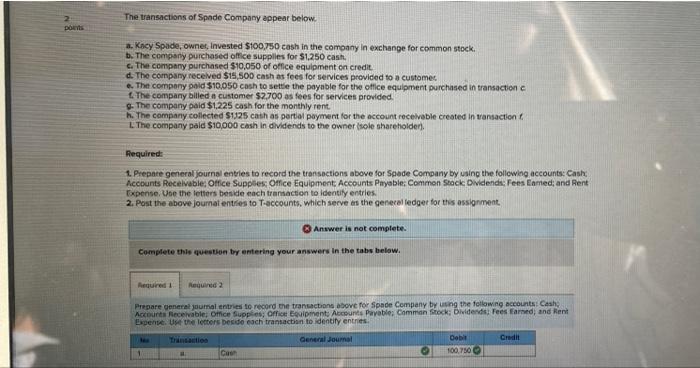Points The Transactions Of Spade Company Appear Below A Kacy Spade Owner Invested 100 750 Cash In The Company In Ex 1