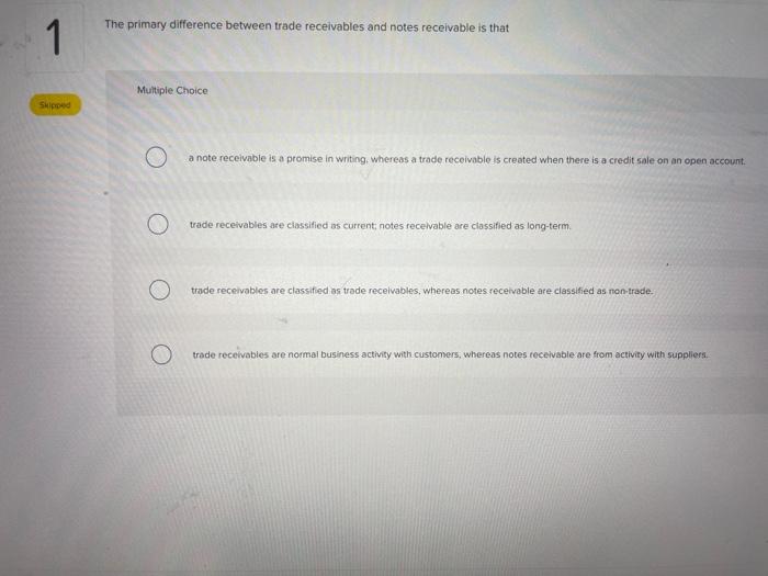 1 Skipped The Primary Difference Between Trade Receivables And Notes Receivable Is That Multiple Choice O A Note Receiva 1