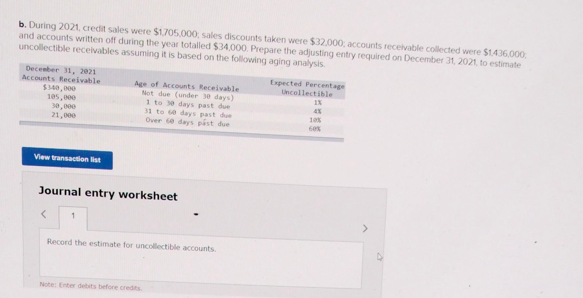 B During 2021 Credit Sales Were 1 705 000 Sales Discounts Taken Were 32 000 Accounts Receivable Collected Were 1 1