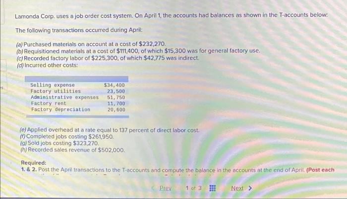 Lamonda Corp Uses A Job Order Cost System On April 1 The Accounts Had Balances As Shown In The T Accounts Below The 1
