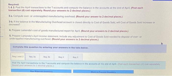 Lamonda Corp Uses A Job Order Cost System On April 1 The Accounts Had Balances As Shown In The T Accounts Below The 2