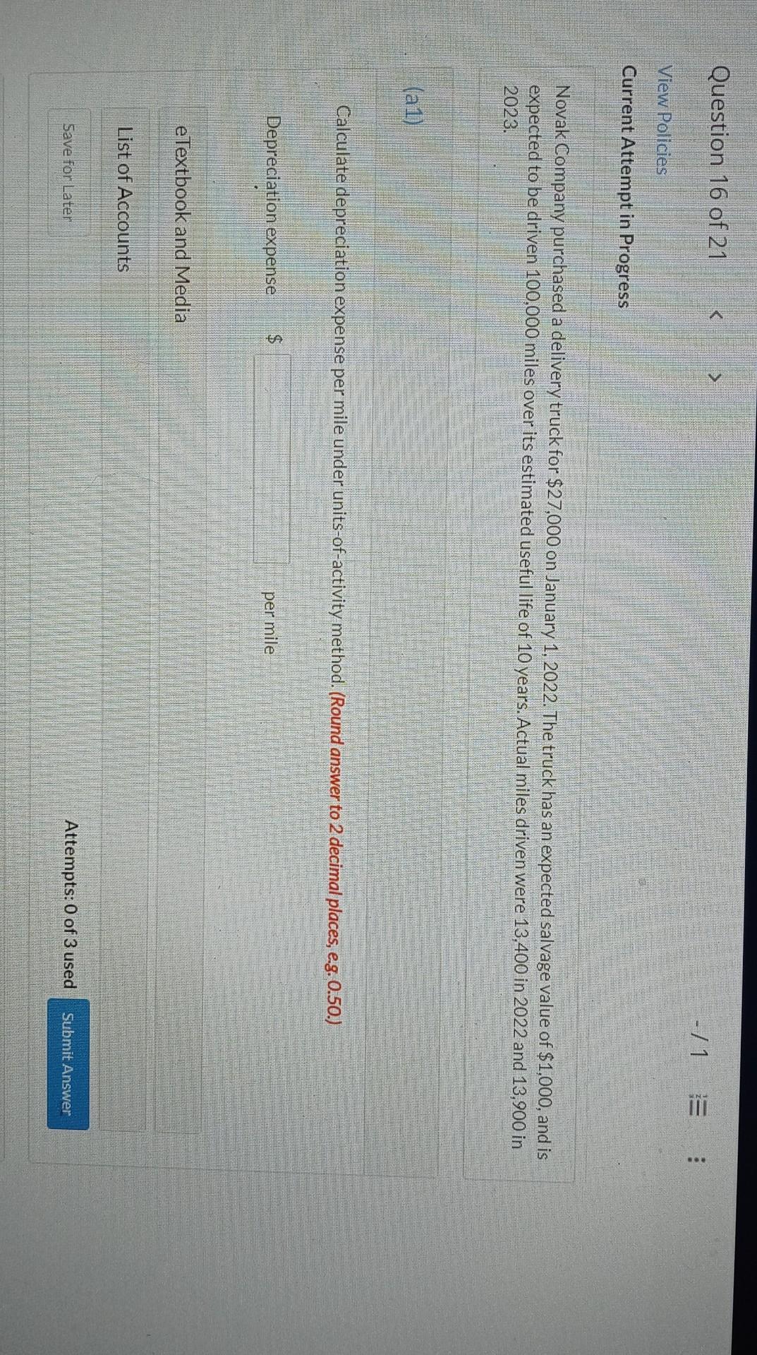 Question 16 Of 21 1 View Policies Current Attempt In Progress Novak Company Purchased A Delivery Truck For 27 000 O 1