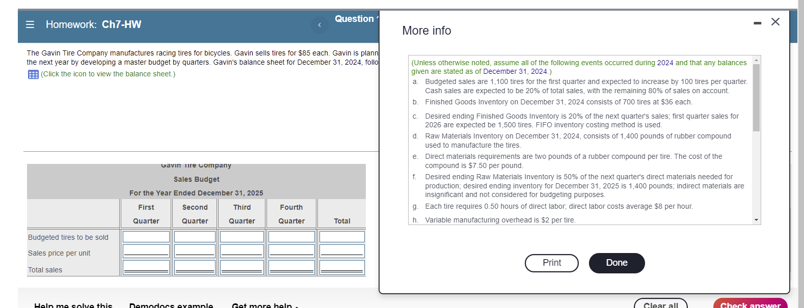 Homework Ch7 Hw The Gavin Tire Company Manufactures Racing Tires For Bicycles Gavin Sells Tires For 85 Each Gavin Is 1