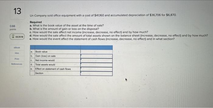 13 0 66 Points 2 An Ebook Hint Print References Un Company Sold Office Equipment With A Cost Of 41 160 And Accumulated 1