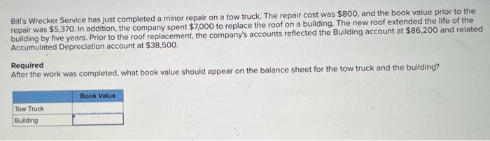 Bill S Wrecker Service Has Just Completed A Minor Repair On A Tow Truck The Repair Cost Was 800 And The Book Value Pr 1