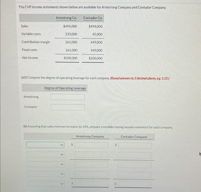 The Cvp Income Statements Shown Below Are Available For Armstrong Company And Contador Company Sales Variable Costs Con 2