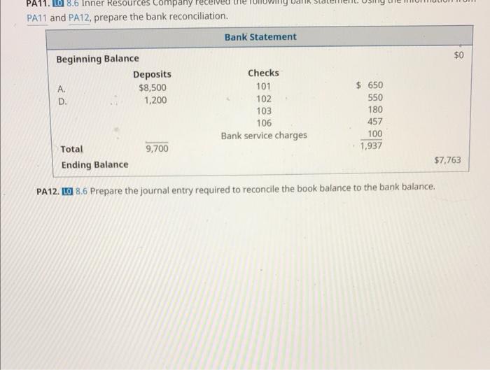 Pa11 Lo 8 6 Inner Resources Pa11 And Pa12 Prepare The Bank Reconciliation Beginning Balance A D Deposits 8 500 1 2 1