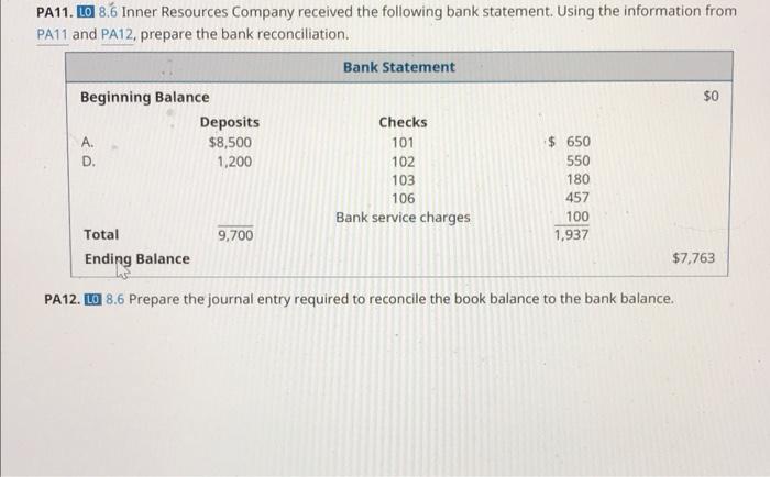 Pa11 Lo 8 6 Inner Resources Pa11 And Pa12 Prepare The Bank Reconciliation Beginning Balance A D Deposits 8 500 1 2 2