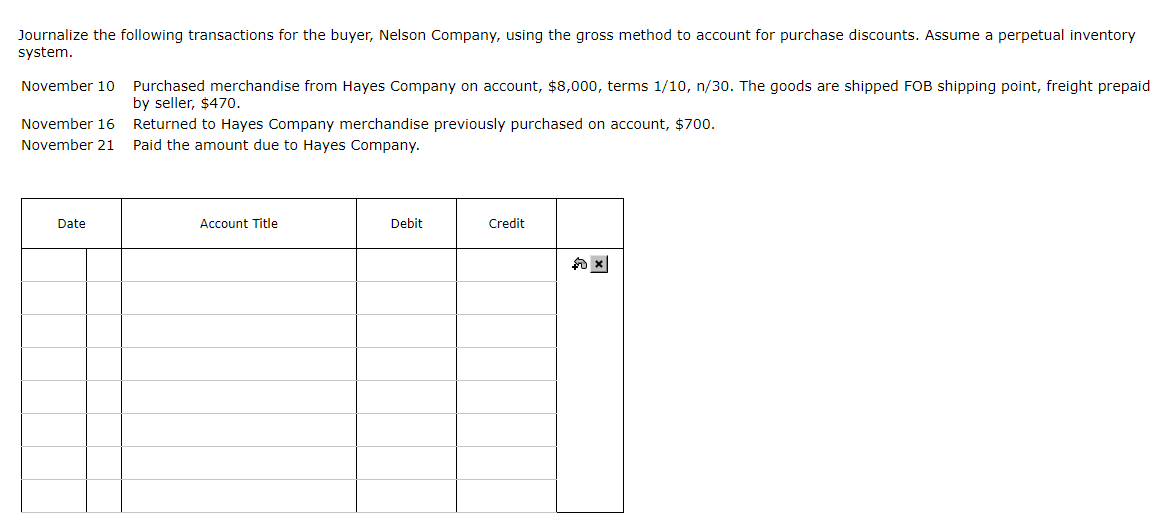 Journalize The Following Transactions For The Buyer Nelson Company Using The Gross Method To Account For Purchase Disc 1