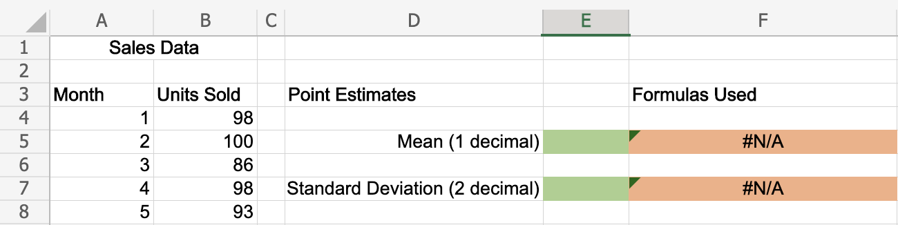 1 A Sample Of 5 Months Of Sales Data Can Be Found In Spreadsheet Below Part A Develop A Point Estimate Of The Populat 1