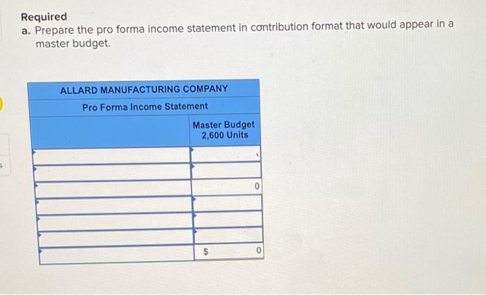 Allard Manufacturing Company Established The Following Standard Price And Cost Data Sales Price 8 90 Per Unit 4 00 2