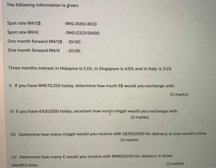 The Following Information Is Given Spot Rate Rm S Spot Rate Rm One Month Forward Rm S 10 90 One Month Forward Rm 1