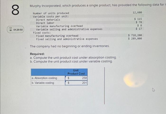 8 X 01 29 50 Murphy Incorporated Which Produces A Single Product Has Provided The Following Data For In Number Of Unit 1