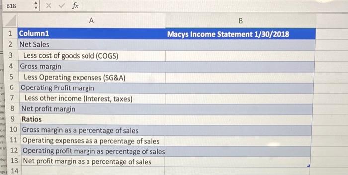 Inc M Me Are I B18 1 Column1 2 Net Sales 3 4 Gross Margin X Fx 8 9 A Less Cost Of Goods Sold Cogs 5 6 Operating Prof 1