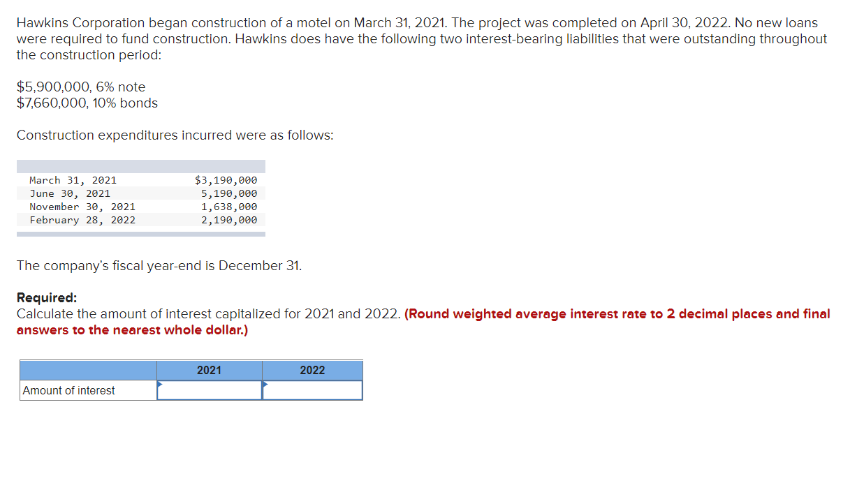 Hawkins Corporation Began Construction Of A Motel On March 31 2021 The Project Was Completed On April 30 2022 No New 1