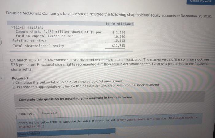 Douglas Mcdonald Company S Balance Sheet Included The Following Shareholders Equity Accounts At December 31 2020 I 2
