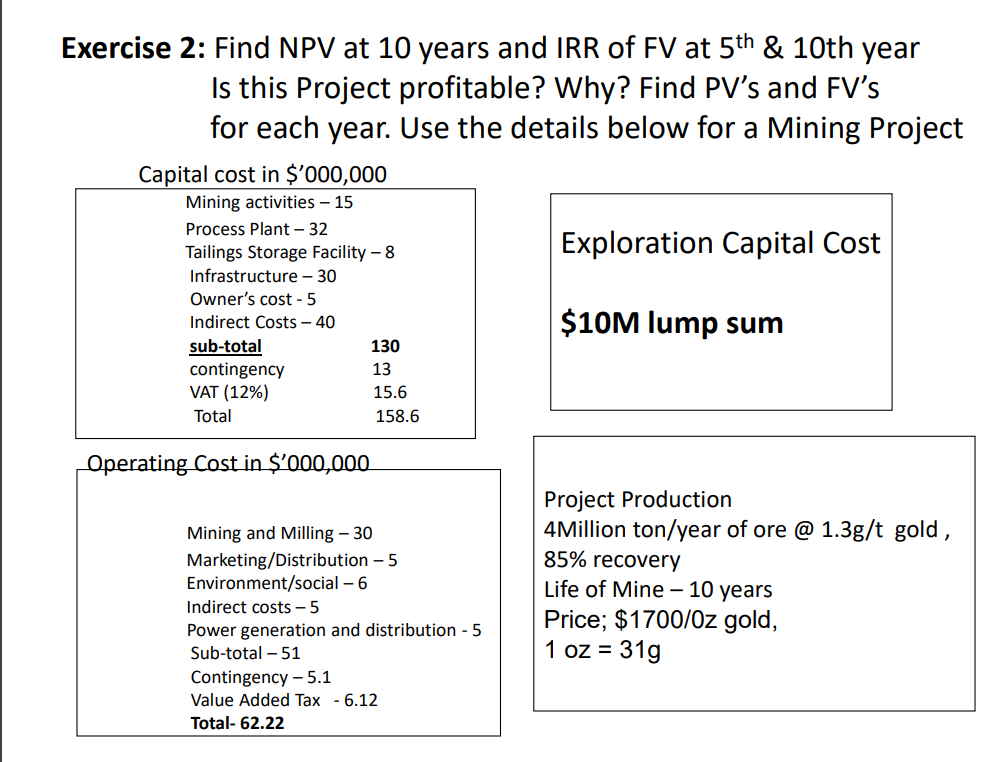 Exercise 2 Find Npv At 10 Years And Irr Of Fv At 5th 10th Year Is This Project Profitable Why Find Pv S And Fv S Fo 1
