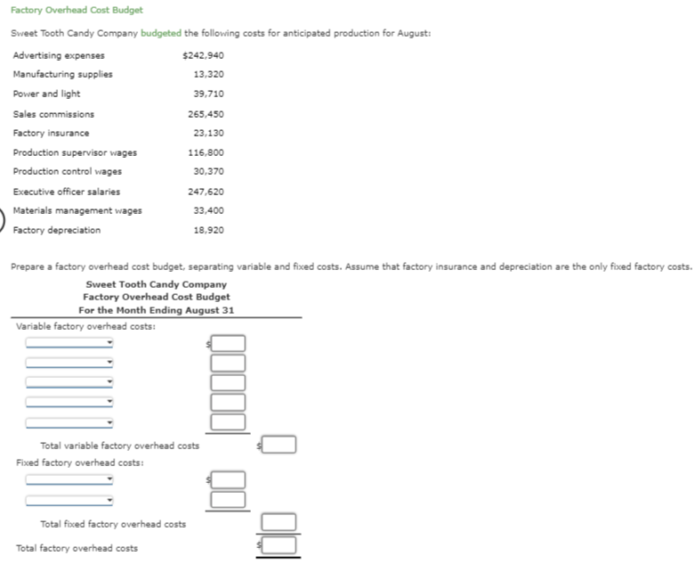 Factory Overhead Cost Budget Sweet Tooth Candy Company Budgeted The Following Costs For Anticipated Production For Augus 1