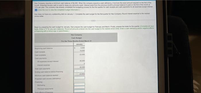 His Company Requires A Minimum Cash Balance Of 4 000 When The Company Expects A Cash Deficiencyborows The Exact Amount 1