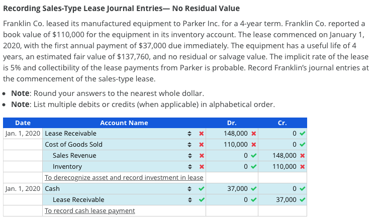 Recording Sales Type Lease Journal Entries No Residual Value Franklin Co Leased Its Manufactured Equipment To Parker I 1