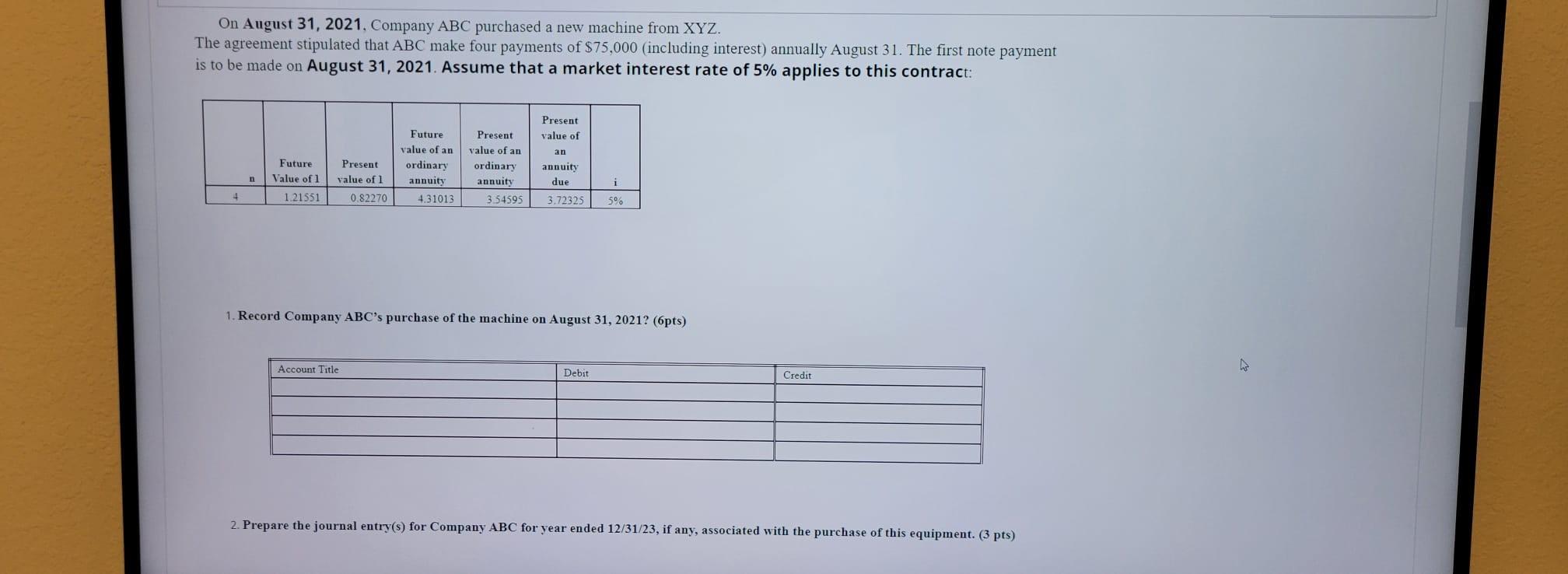 On August 31 2021 Company Abc Purchased A New Machine From Xyz The Agreement Stipulated That Abc Make Four Payments O 1