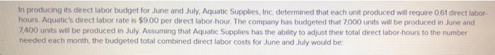 In Producing Its Direct Labor Budget For June And July Aquatic Supplies Inc Determined That Each Unit Produced Will R 1
