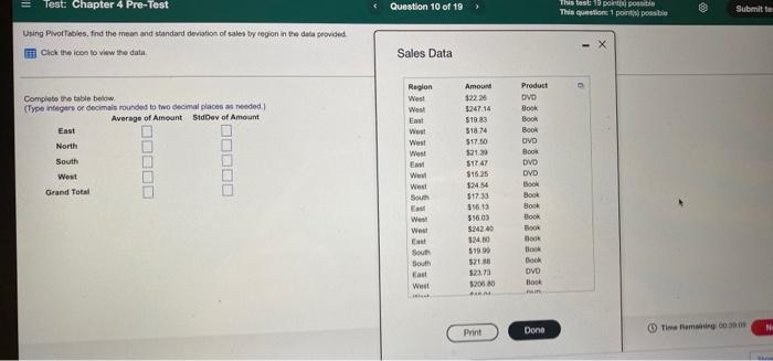 Test Chapter 4 Pre Test Using Pivot Tables Find The Mean And Standard Deviation Of Sales By Region In The Data Provide 1