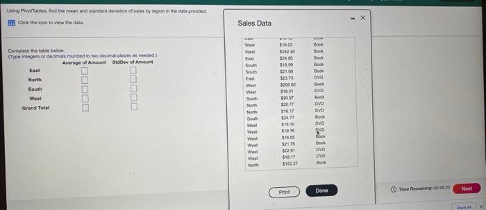 Test Chapter 4 Pre Test Using Pivot Tables Find The Mean And Standard Deviation Of Sales By Region In The Data Provide 2